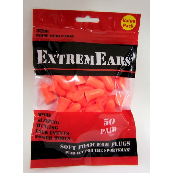 ExtremEars Premium Comfortable Soft Foam Earplugs - Snore Blocker, Sportsman, Yardwork Addition - NRR 32 Decibels – 50 Pair Value Pack