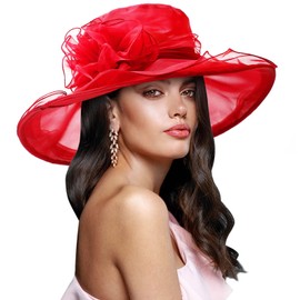 DRESHOW Women Organza Hat Church Cap Hats Cocktail Tea Party Wedding Bridal Flower Hat with Wide Brim