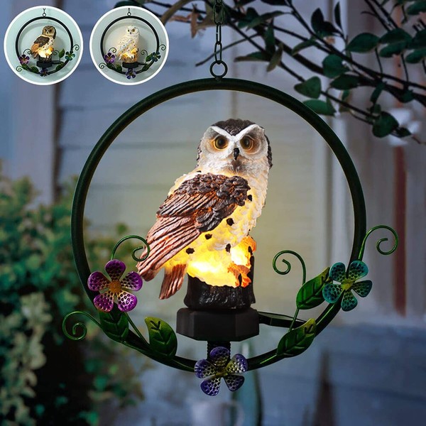 ASFSKY Owl Gift for Owl Lovers Garden Owl Solar Hanging Owl Statue Waterproof for Cute Owl Gifts Outdoor Hanging Garden Decorations (Brown)