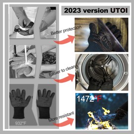 UTOI BBQ Grill Gloves, 1472°F Heat Resistant Barbecue Gloves Oven Mitts, Silicone Non-Slip Cooking Gloves for Kitchen, Grilling and Baking, EN407 Certified, 13 inch Long, Black, 1 Pair