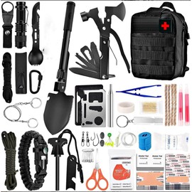 142 Pcs Survival First Aid Kits, Survival Kit and First Aid Kit, 142Pcs Professional Survival Gear and Equipment with Molle Pouch, for Men Dad Husband Who Likes Camping Outdoor Adventure (Black)