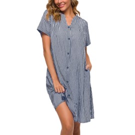 YOZLY House Dress Women Cotton Duster Robe Short Sleeve Housecoat Button Down Nightgown Navy Blue XX-Large
