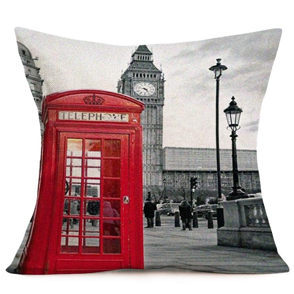 Tlovudori London City Throw Pillow Case Red Telephone Booth Grey Streetscape Decorative Cotton Linen Square Cushion Covers Standard Pillowcase Couch Sofa Bed Men/Women 18x18 Inch (Telephone Boot)