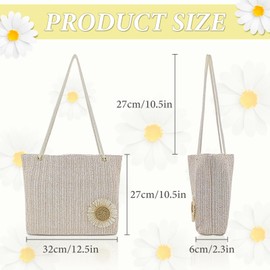 FuninCrea Straw Beach Bag for Women, Large Capacity Straw Bag Summer Woven Bag with Flower and Snap, Beach Tote Bag Foldable Large Beach Bag Hobo Bag Portable Summer Bag for Outdoor (Khaki)