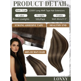 Loxxy Wide Hair Extensions Real Human Hair Tape In - One Piece Invisible Long Wide Tape in Extensions - Darkest Brown to Chestnut Brown Highlights, 18 Inch 50g, DIY Wide PU Weft Width 31.5"(80cm)