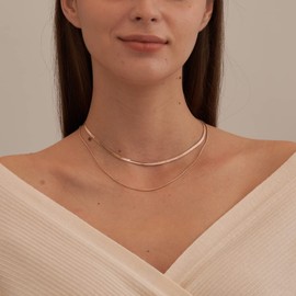 CHESKY 14K Gold/Silver Plated Snake Chain Necklace Herringbone Necklace Gold Choker Necklaces for Women Girl Gifts Jewelry 1.5/3/5MM(W) 14"/16"(L) (layered rose gold)