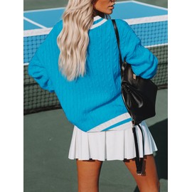 Aoudery Womens V Neck Oversized Sweaters Long Sleeve Cable Knit Pullover Striped Chunky Sweater Casual Tennis Tunic Tops - Blue S