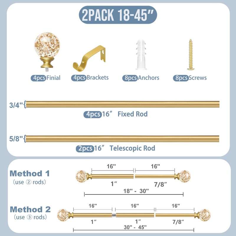 TVWOO Gold Decorative Crystal Curtain Rods 2 Pack:18-45" Heavy Duty