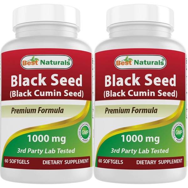 Best Naturals 2 Packs Black Seed Oil Capsules 1000 mg (Non-GMO) Nigella Sativa - 100% Cold Pressed Black Cumin Seed Oil Pills Contains Thymoquinonoe 60 Count (Total 120 Softgels)