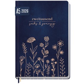 Häfft - Timer Book Calendar 2026 A5 "Fine Flowers Night Blue" January - December 2026, Hardcover Calendar, Diary A5 for Young Adults - Sustainable and Climate Friendly