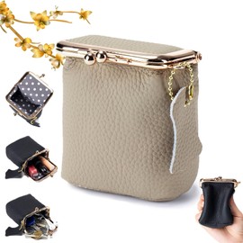 Genuine Leather Mini Jewelry Box, Portable Genuine Leather Mini Coin Jewelry Purse, Vintage Travel Jewelry Case Organizer with Kiss Lock, for Earring, Ring, Necklace Coin or Lipstick(Beige)