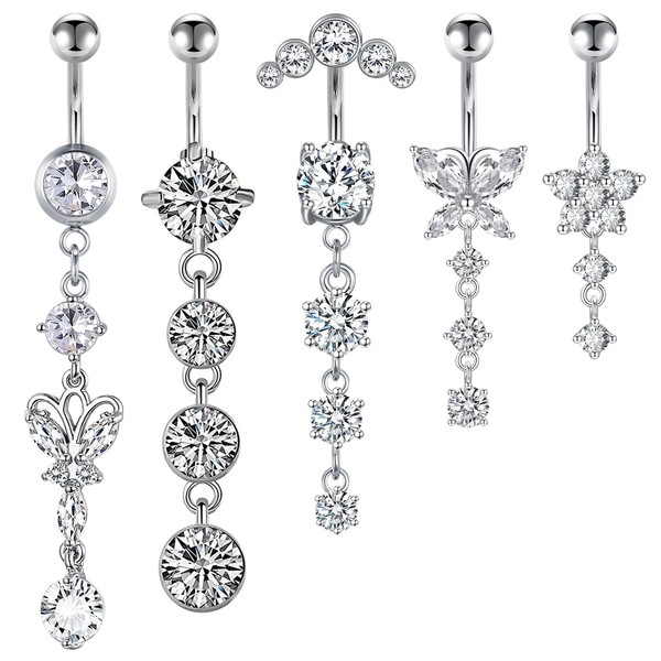 Noaxylic Pack of 5 Stainless Steel Piercing Belly Button Piercing,
