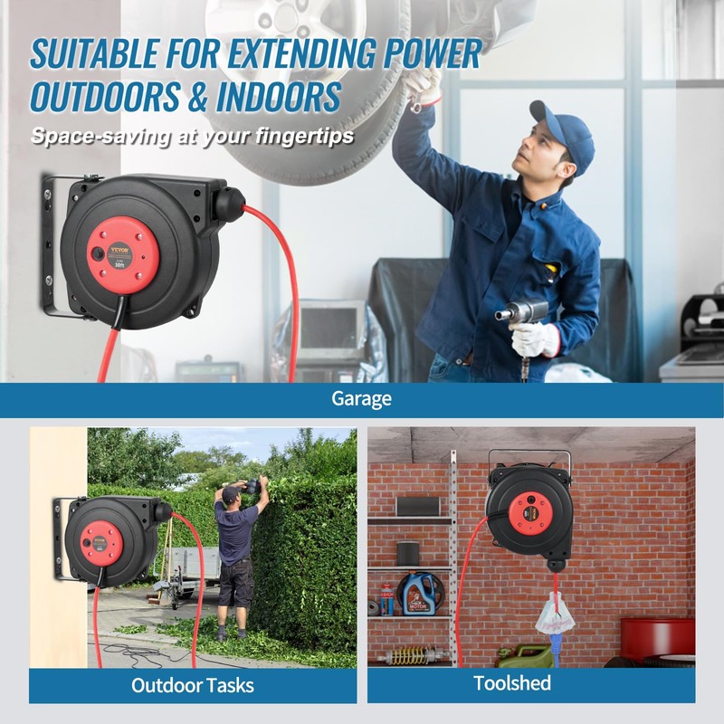 VEVOR Retractable Extension Cord Reel, 30 FT, Heavy Duty 16AWG/3C
