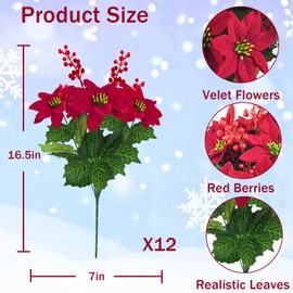 TORONTOKYO 12 Pieces Poinsettias Artificial Christmas Flowers Decoration, Artificial Red Poinsettia Flowers with Berries Fake Silk Poinsettia Flowers for Xmas Home Office Indoor Outdoor Decor