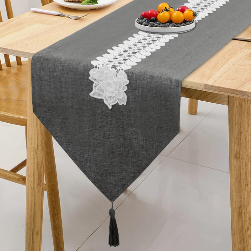 SANLEHAUSE Table Runner Gray 40 x 220 cm Linen,Embroidered Tassel