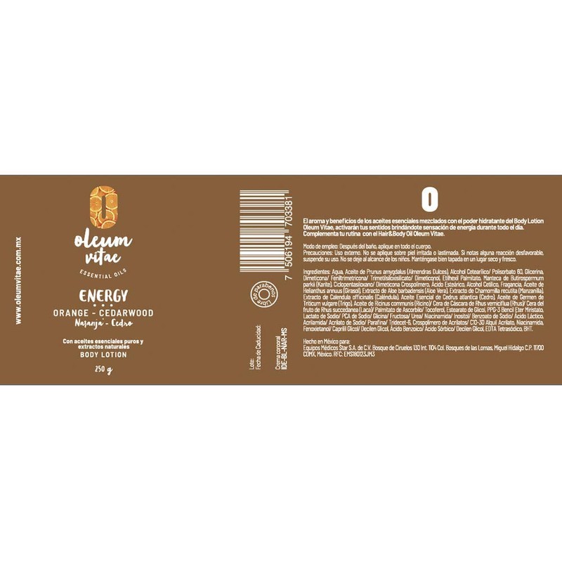 OLEUM VITAE Body Lotion. Crema Corporal Naranja-Cedro. Con Aceite Esencial