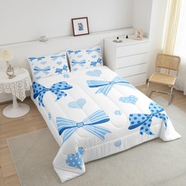 Erosebridal Striped Bow Girls Comforter Set Twin,Polka Bowknot Bedding,Cartoon Love Hearts Down Comforter,Aesthetic Blue Coquette Duvet Insert