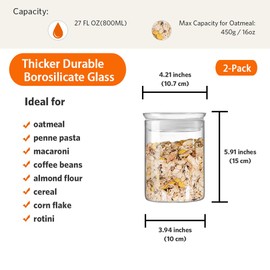 ZENS Glass Canister Jar, Airtight Kitchen Canisters Jars Set with Glass Lids, 27oz Fluid Ounce Clear Candy Storage Containers Sets of 2 for Snack,800ML