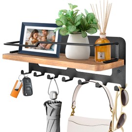 JiangLin Wooden Key Holder with Shelf, Decorative Key Holder, Wall Key Rack with 7 Key Hooks, Wooden Key Rack for Entrance, Hallway, Living Room