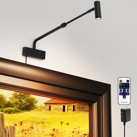 Hudyogy Picture Light for Wall with Retractable Arm, Rotatable Indoor Spotlight Plug in, Dimmable LED Picture Frame Light with Remote Control（2AAABattery Powered,Not Included）, Black Wall Light 2700K