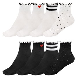 Soleeya 8 Pairs Frilly Ankle Socks Women Girls Cotton Cute Pattern UK 3-6, Breathable Short Crew Knit Ruffle Socks Women Ladies for School Casual, White & Black