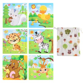 Dewocke Wooden Jigsaw Puzzles for Kids Age 2-5, Set of Six 9-Piece Animal Themed Puzzles - Educational Learning Toys for Toddlers and Preschoolers - Includes Convenient Organizational Bag