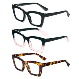 prtcslwd 3 Pack Reading Glasses for Women Oprah Style Oversized Square Spring Hinge Blue Light Blocking Glasses (3PC-Black/Blackpink/Tortoiseshell, 1.0, multiplier_x)