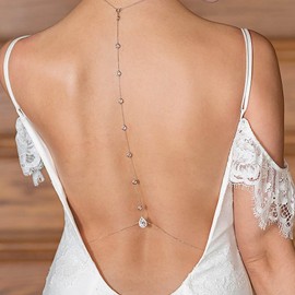 Gold Back Necklace For Backless Dress Silver CZ Bridal Background Necklace Choker Rhinestone Drop Brides Back Chain Necklace Crystal Body Wedding Necklace Long Drop Y Lariat Women, Zinc