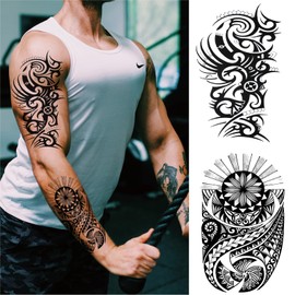 Tribal Totem Temporary Tattoo Men, Large Black Hawaii Turtle Polynesian Fake Tattoo For Men Adult, Long Lasting Realistic Big Tribal Temp Tatoo Sticker Boy Teen Chest Half Arm Body Art Makeup, 8-Sheet