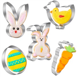 Easter Cookie Cutters for Kids 5 Pcs, Nifogo Easter Bunny Rabbite Cookie Cutter, Stainless Steel Biscuit Cutter Shapes with Egg, Carrot, Bunny, Chick, Bunny Face