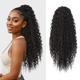 AISI BEAUTY 26 Inch Black Ponytail Extension Long Curly Drawstring Ponytail for Women Clip in Synthetic Curly Pony Tails Hair Piece