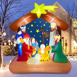 Mukum 6FT Christmas Inflatable Nativity Scene Outdoor with Build-in LED Light, Large Christmas Decorations Inflatables Nativity Blow Up for Indoor, Outdoor, Garden, Lawn