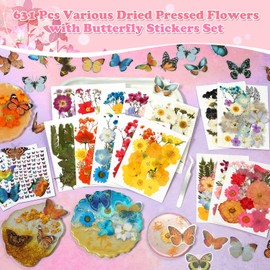 630 Pcs Dried Pressed Flowers with Butterfly Stickers for Crafts, Real Pressed Wildflowers Dry Leaves Bulk with Tweezer for Resin Jewelry Molds Candle Soap Making Scrapbook Bookmark Nails Decor