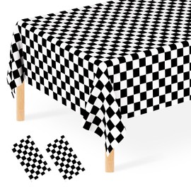 JCTHKUKU 2 Pcs Black and White Checkered Tablecloth, Disposable Plastic Black Gingham Table Cloth, Plaid Table Cover for Outdoor Picnic, Wedding, Baby & Bridal Shower, Birthday Party (54 x 108 Inch)