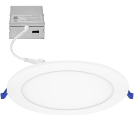 Maxxima 8 in. 5CCT Round Recessed LED Downlight, 1600 Lumens Slim Round Flat Panel Color Selectable (2700K/3000K/3500K/4000K/5000K), Dimmable, Canless IC Rated, White Trim, J-Box Included