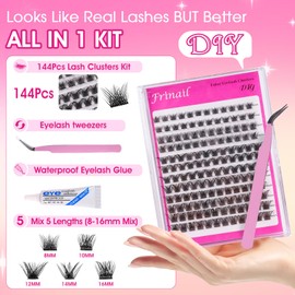 Frinail Fluffy Eyelash Extension Kit 144pcs Lash Clusters 10-16mm Wispy Individual Lashes Clusters Kit, D Curl Cluster Lash Extension Kit with Glue And Lash Applicator