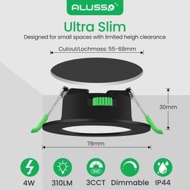 ALUSSO LED Recessed Ceiling Spotlights, 230 V, 4 W, Flat, Dimmable, 68 mm, Warm White 3,000 K, Neutral White 4,000 K, Cool White 6,500 K, Black, IP44, Recessed Spotlights for Bathroom, Set of 6