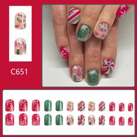 Vopintpy Winter White Snowflake Press on Nails Green Glitter Christmas Tree Fake Nails with Stripe Swirl Design Glossy Short Square Glue on Nails Reusable Xmas Stick on Nails for Women