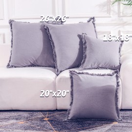 NEXHOME PRO Boho Throw Pillow Covers for Couch 26"x26", Handmade Decorative Linen Pillow Covers for Bed, Sofa, Living Room, Farmhouse Fringed Cushion Covers, Grey (Insert Not Included)