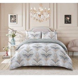 BQC 3 Pcs Duvet Cover Set Soft Quilt Cover Easy Care Anti Allergic Bedding Set Include 1 Quilt Cover, 1 Fitted Sheet with 1 Pillow Cases (Jasmine Silver, Single)