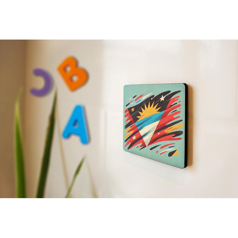 Wooden Fridge Magnet with Colorful Abstract Design Featuring Sun and
