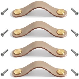 Pack of 4 Leather Handles with Copper Rivets Leather Handles for Furniture Leather Furniture Handles Leather for Cabinets Leather Furniture Handles for Children's Room (Double Hole, Khaki)