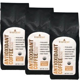 RawGuru Organic Antioxidant Coffee Breakfast Blend, Gluten-Free, Fairly Traded, Shade Grown and Rainforest Alliance Certified, Arabica Whole Bean, Pack of 3