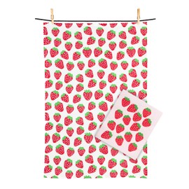 Abbott Collection Strawberries Swedish Dishcloth & Kitchen Tea Towel Set - Cotton/Cellulose, Pink/Red