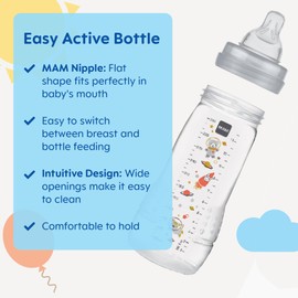 MAM Easy Active Anti-Colic Baby Bottle 11 oz, Fast Flow, Breastfeeding-Like Silicone Nipple Bottle, Reduces Colic, Gas, & Reflux, Easy-to-Clean, BPA-Free, Vented Baby Bottles for Newborns, 4+ Months
