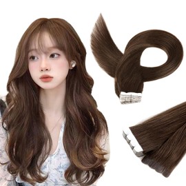 Paruks Human Hair Tape-in Extensions, Set of 10, Straight, Long, Light Brown, Hair, Easy to Apply, Heat Resistant Extension, Beauty Salon Tape-in Extension, 23.6 in (60 cm), 6#