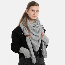 KNIT FACTORY - Women's Winter Set - Coco Triangle Scarf & Cleo Hand Warmers - Winter Scarf and Gloves - Knitted Scarf with Gloves - Made from 30% Wool and 70% Polyacrylic, gray