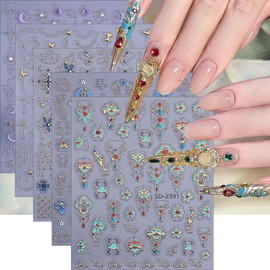 ONPRESS 5Sheet Star Sun Nail Art Stickers Embossed Colorful Moon Nail Stickers 3D Self-Adhesive Bohemian Style Nail Decals Luxurious Palace Style Nail Supplies Gold Chain Butterfly Sticker for Women