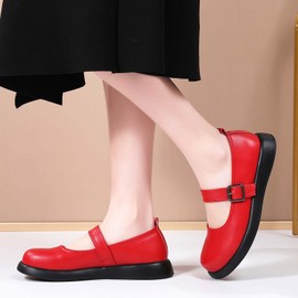 QJN Red Mary Jane Shoes Women Flat Comfortable Chunky Low Heels Mary Janes for Women, Womens Flats with Strap Dressy Casual Ladies Teens Kawaii Office Work Shoes Red 9.0
