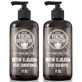 Viking Revolution Biotin Mens Shampoo and Conditioner Set - Eucalyptus and Peppermint Shampoo and Conditioner Set with Jojoba Oil and Mint Oil - Peppermint Oil Hair Conditioner for Men (17 Oz)